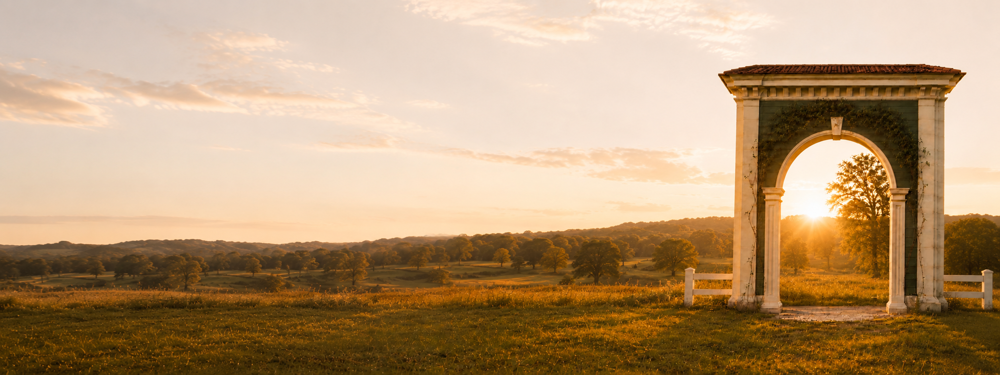 A sunlit stone arch stands in an open meadow at dawn.