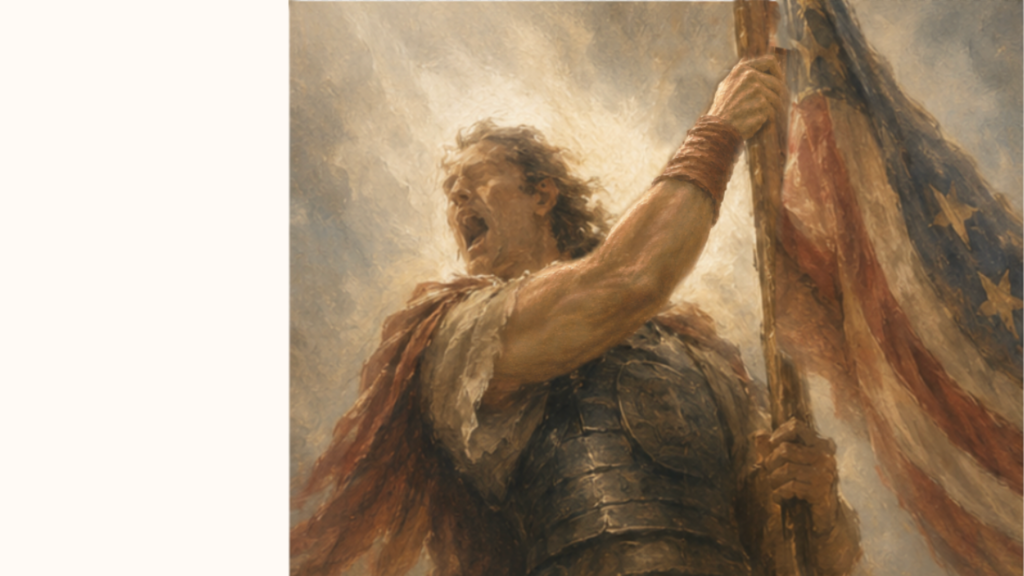 Emily Shay’s painting of Captain Moroni raising the American flag.