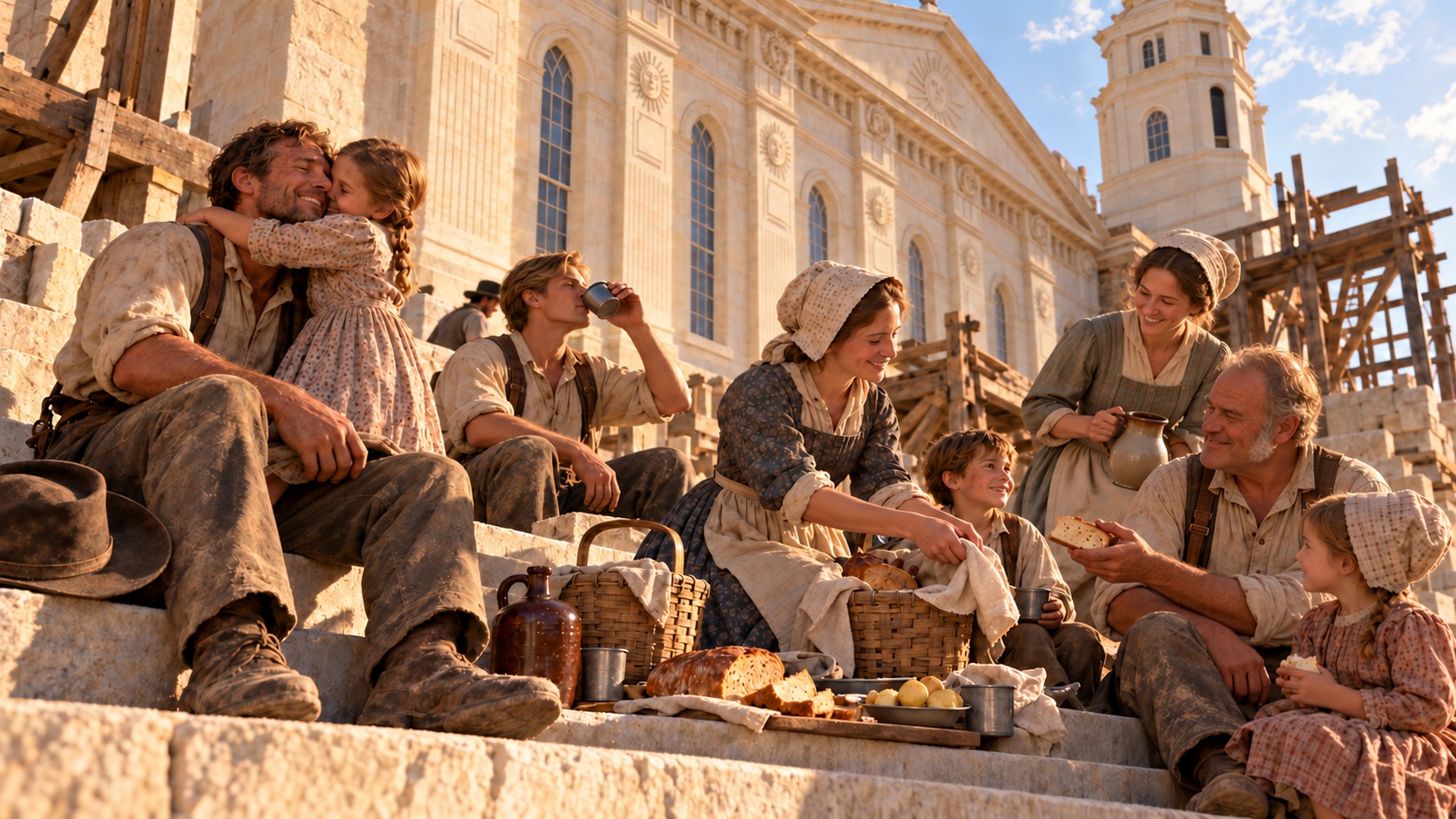 Imagined Nauvoo Temple workers sharing lunch with women and children on the temple steps; a woman holding a pitcher stands behind an older worker.