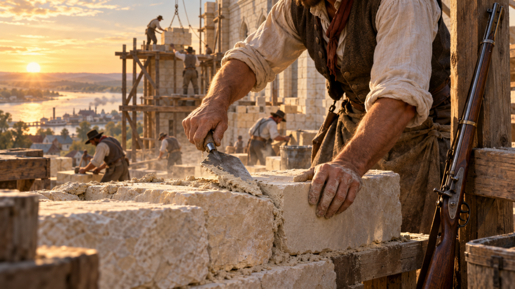 An imagined Nauvoo temple builder spreads mortar with a trowel while a musket rests nearby.