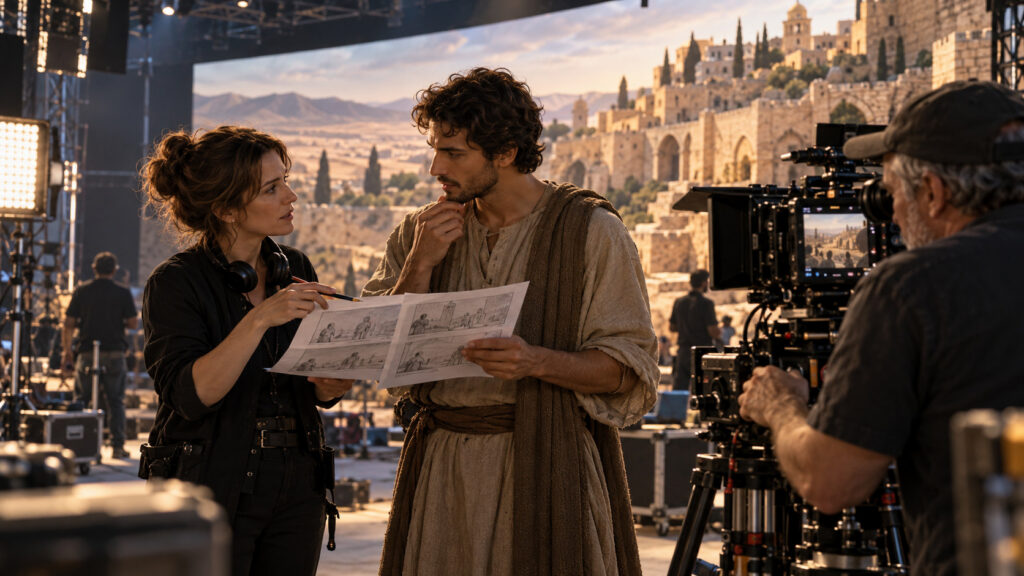 A director and an actor study a storyboard beside a camera on an imagined biblical film set.