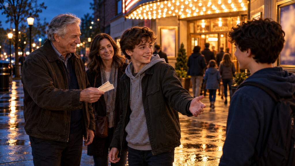 A family and a friend gather outside a warmly lit movie theater as an older man holds tickets.
