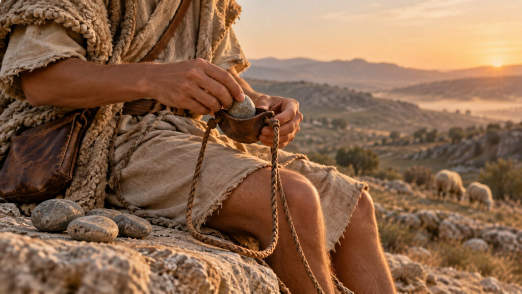 A shepherd places a smooth stone into a leather sling above a sunlit valley.