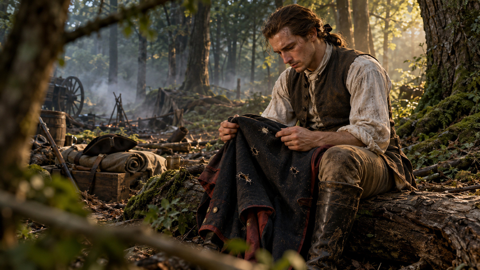 An imagined young George Washington examines four holes in his coat in a wooded military camp.