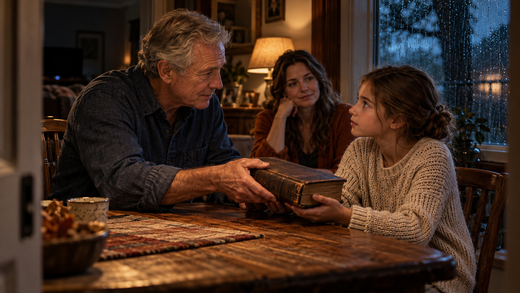 A grandfather places a worn family Bible into his granddaughter's hands while her mother watches in a warmly lit home.